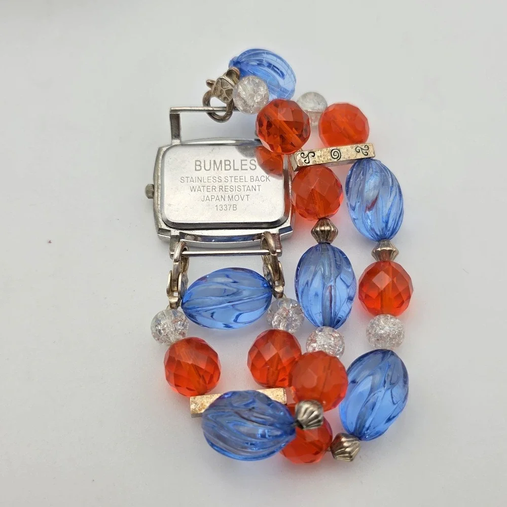 Vtg BUMBLES Watch Orange Blue 2-Strand Beaded Removable Stretch Band New Battery